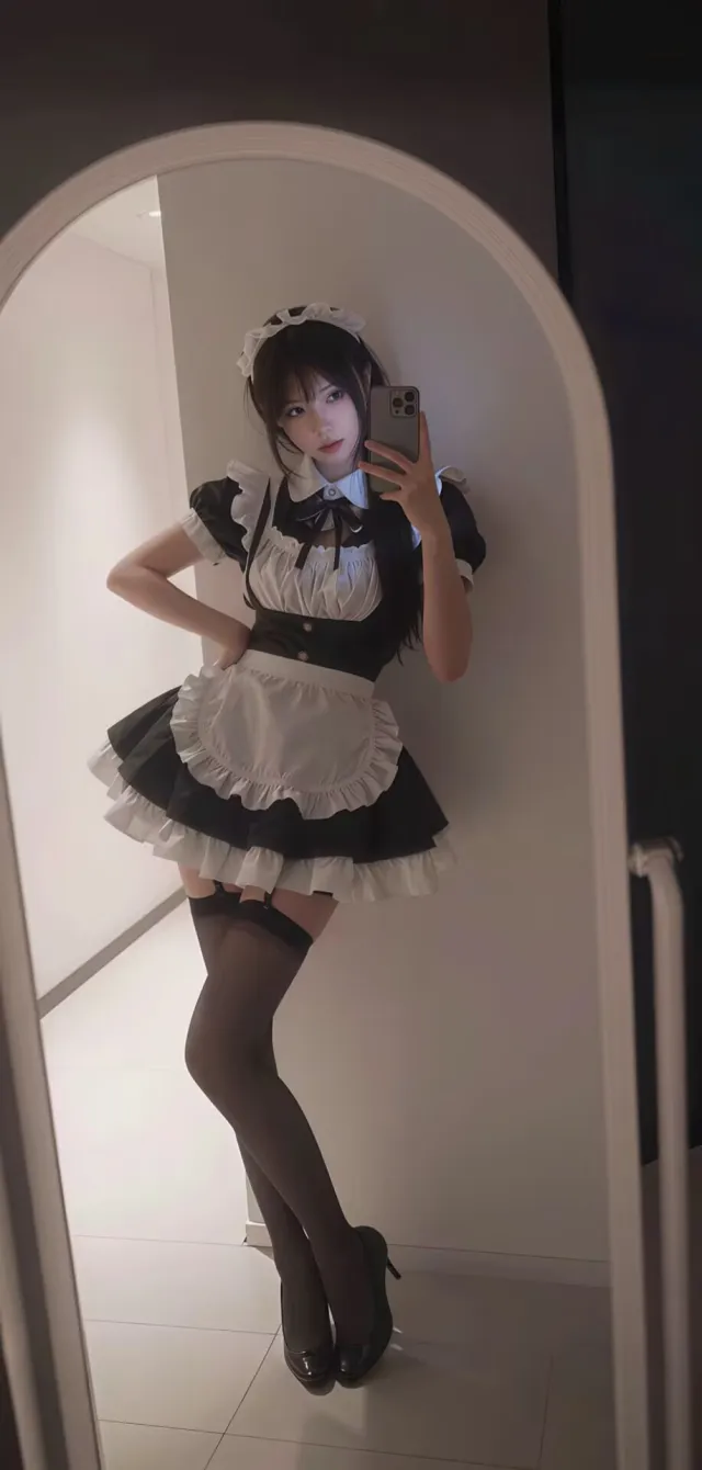 女仆装少女镜前自拍甜美写真手机壁纸