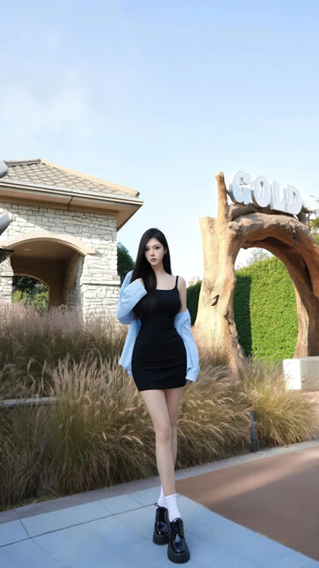 蓝衬衫黑裙户外街拍长发气质美女手机壁纸