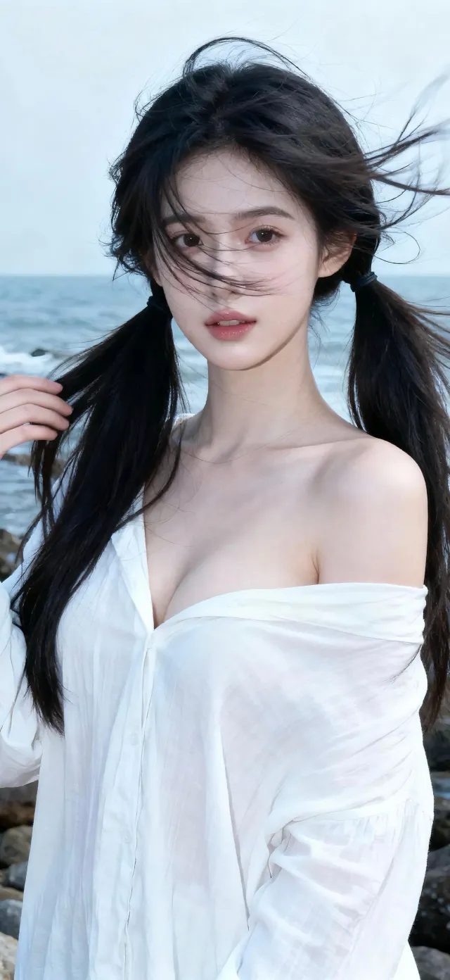 海边白衬衫双马尾黑发美女清新人像手机壁纸