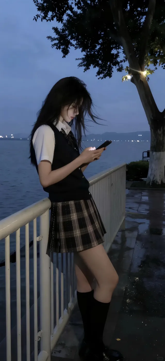 夜色湖边JK制服看手机美女手机壁纸