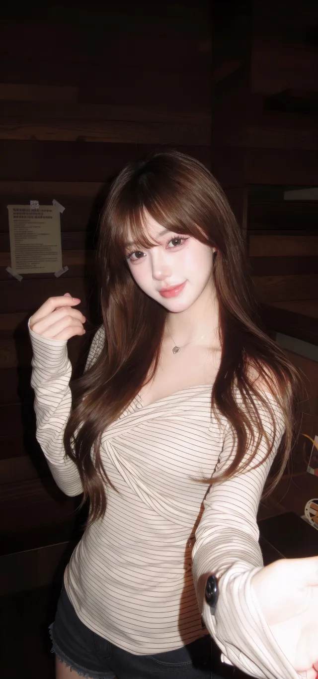 美女条纹上衣室内自拍长发摄影手机壁纸