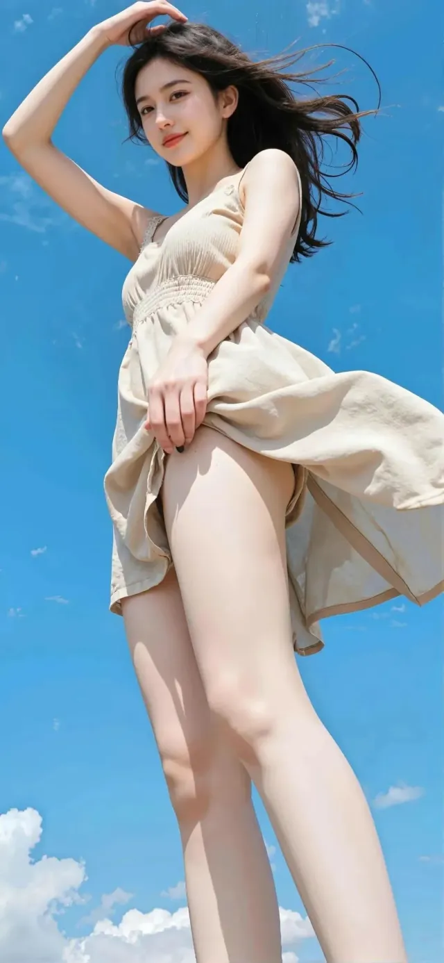 蓝天背景下的浅色连衣裙女性壁纸