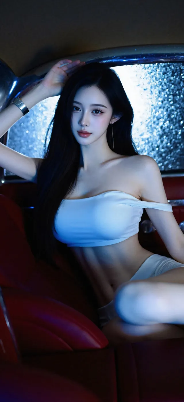 白抹胸美女红座驾雨夜氛围感拉满人物摄影手机壁纸