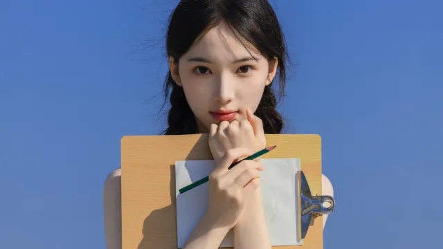 蓝天背景下持画板铅笔少女清新人物电脑壁纸