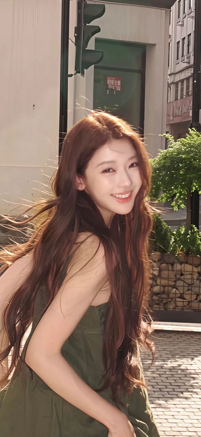 阳光长发甜笑绿裙街拍美女手机壁纸