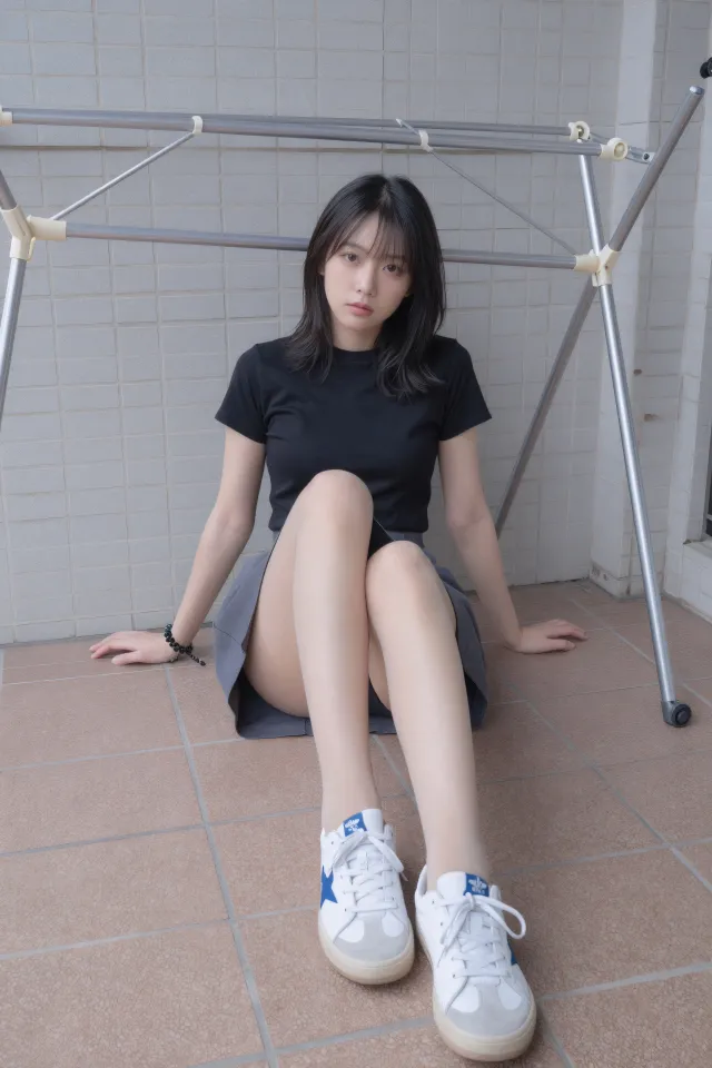 瓷砖阳台黑衣灰裙坐姿美女手机壁纸