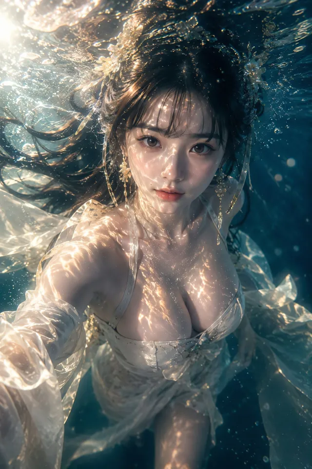 美女水下白纱裙长发飘散光影人像摄影手机壁纸