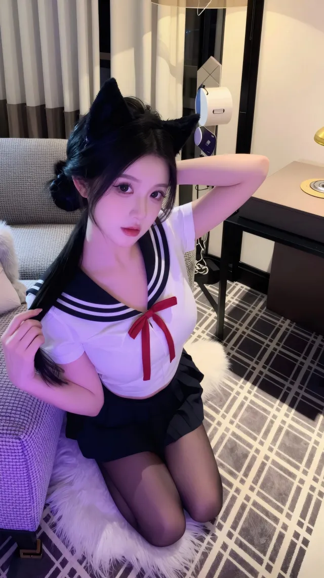 水手服猫耳发饰女子跪坐沙发可爱人物手机壁纸