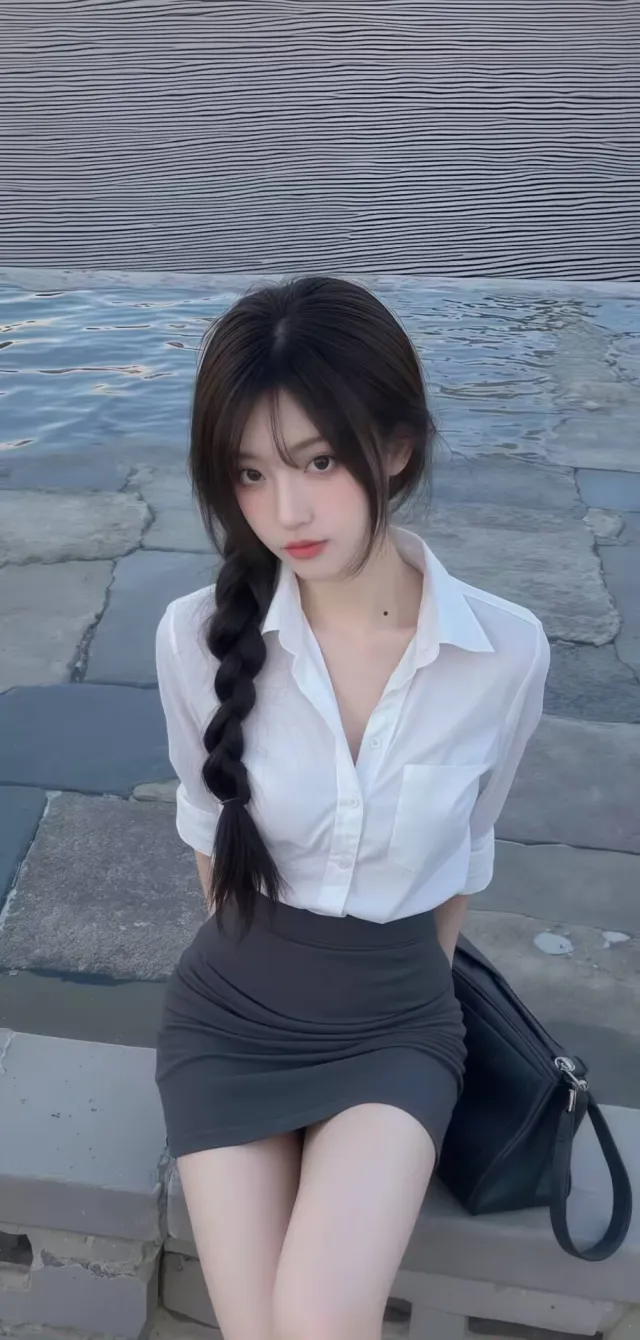 河边白衬衫灰短裙美女写真人物手机壁纸