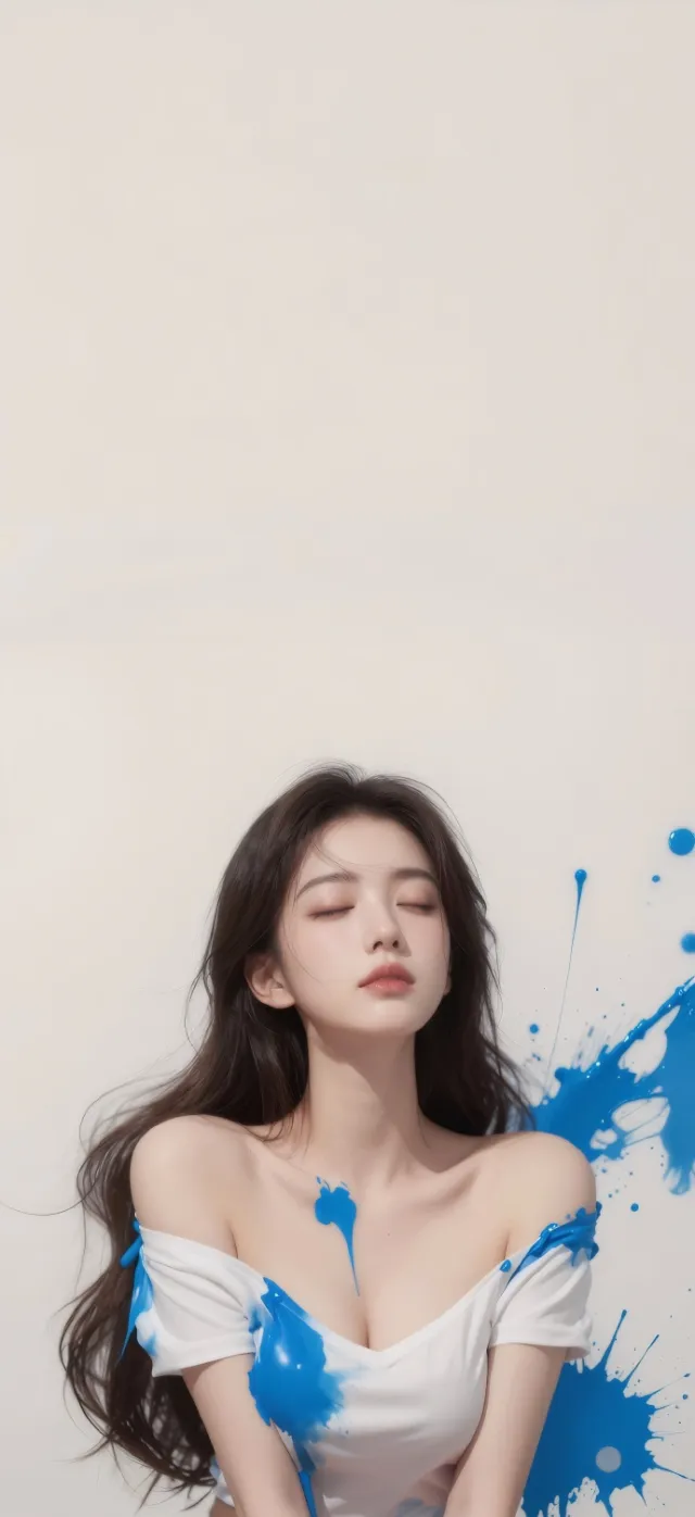 蓝白泼墨少女闭眼写真手机壁纸