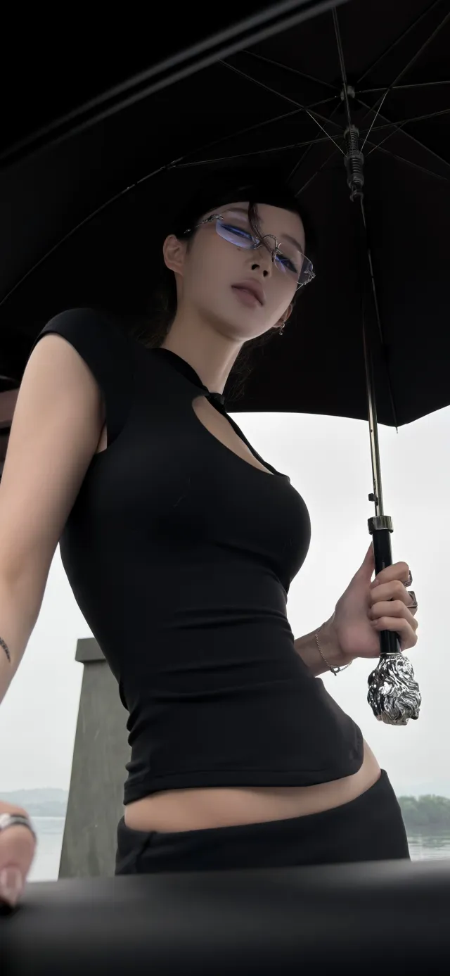 黑衣美女持伞侧颜冷艳气质新中式穿搭时尚人物手机壁纸