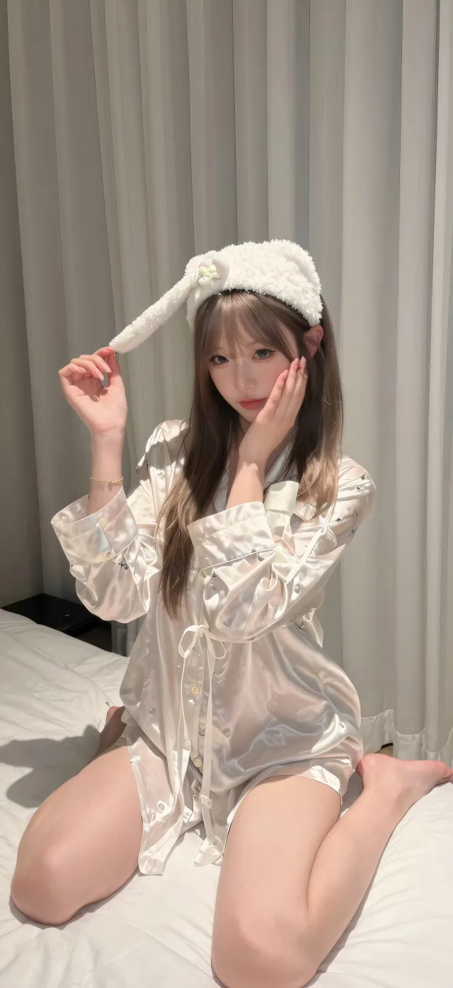 戴兔耳发箍女子穿丝绸睡衣床上自拍人物手机壁纸