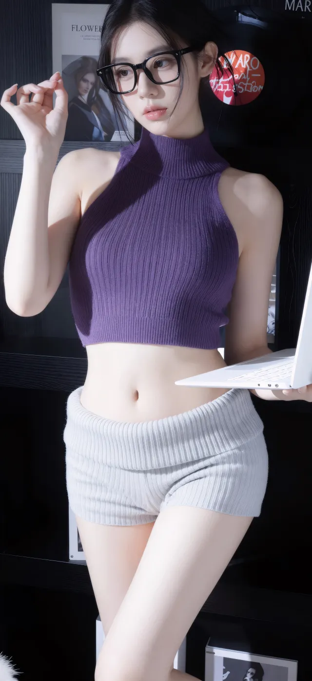 紫色针织上衣白短裤美女手持电脑时尚人物摄影手机壁纸
