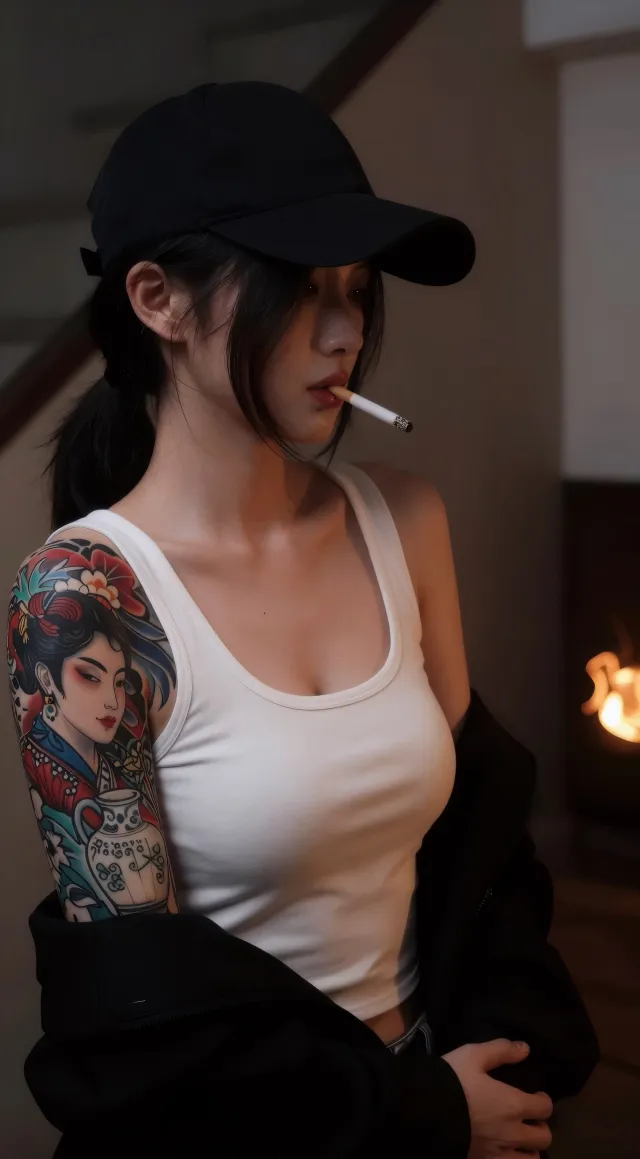 戴帽纹身美女叼烟酷飒风格人物手机壁纸