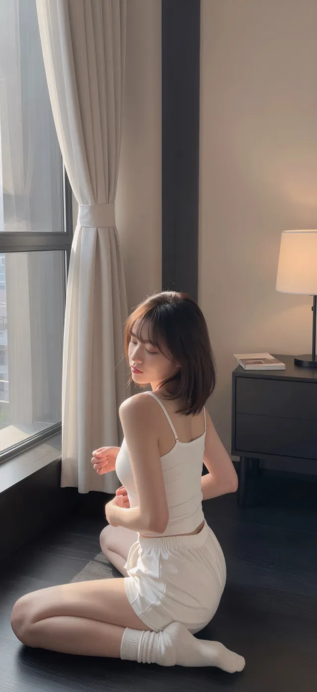 白衣美女跪坐窗边温柔居家摄影手机壁纸