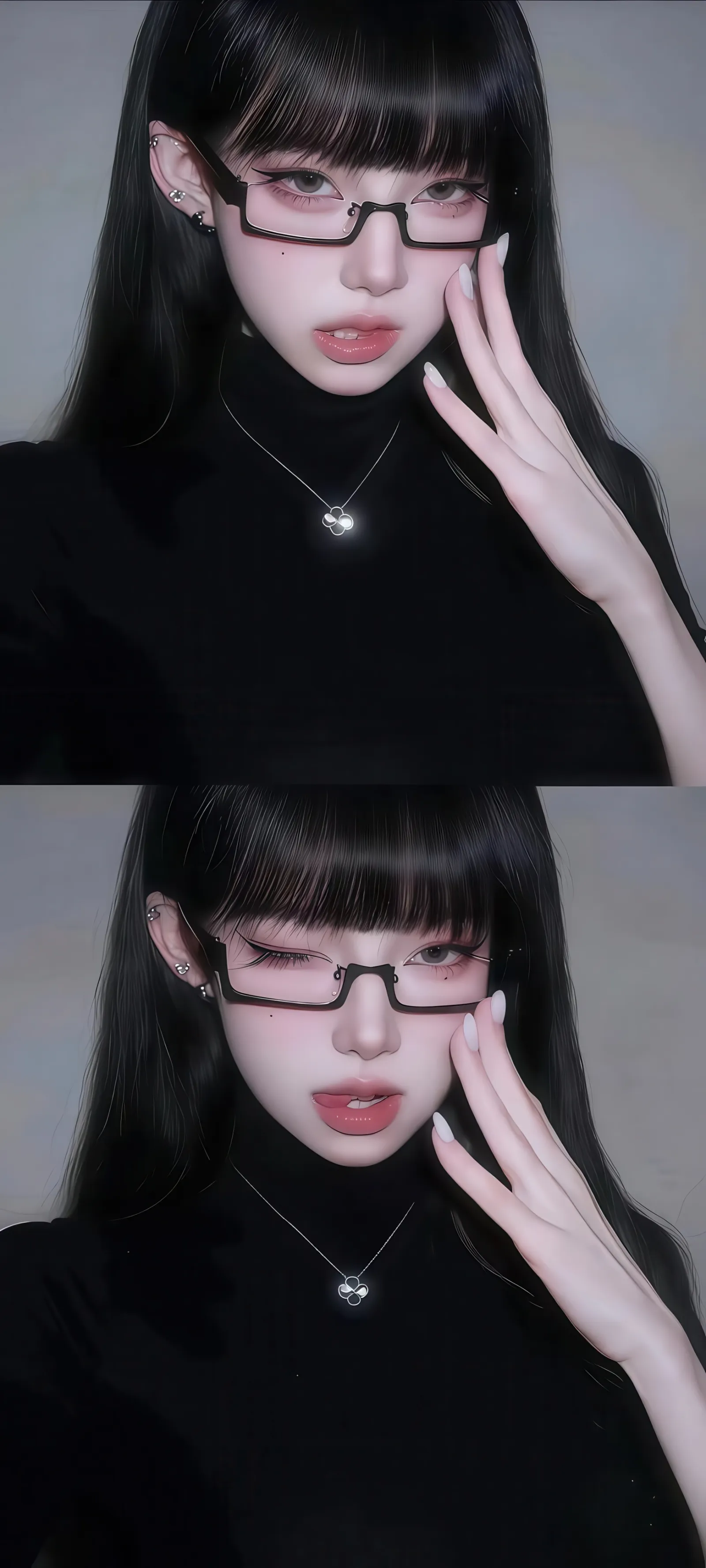 黑发美女戴眼镜黑高领冷艳人物摄影手机壁纸
