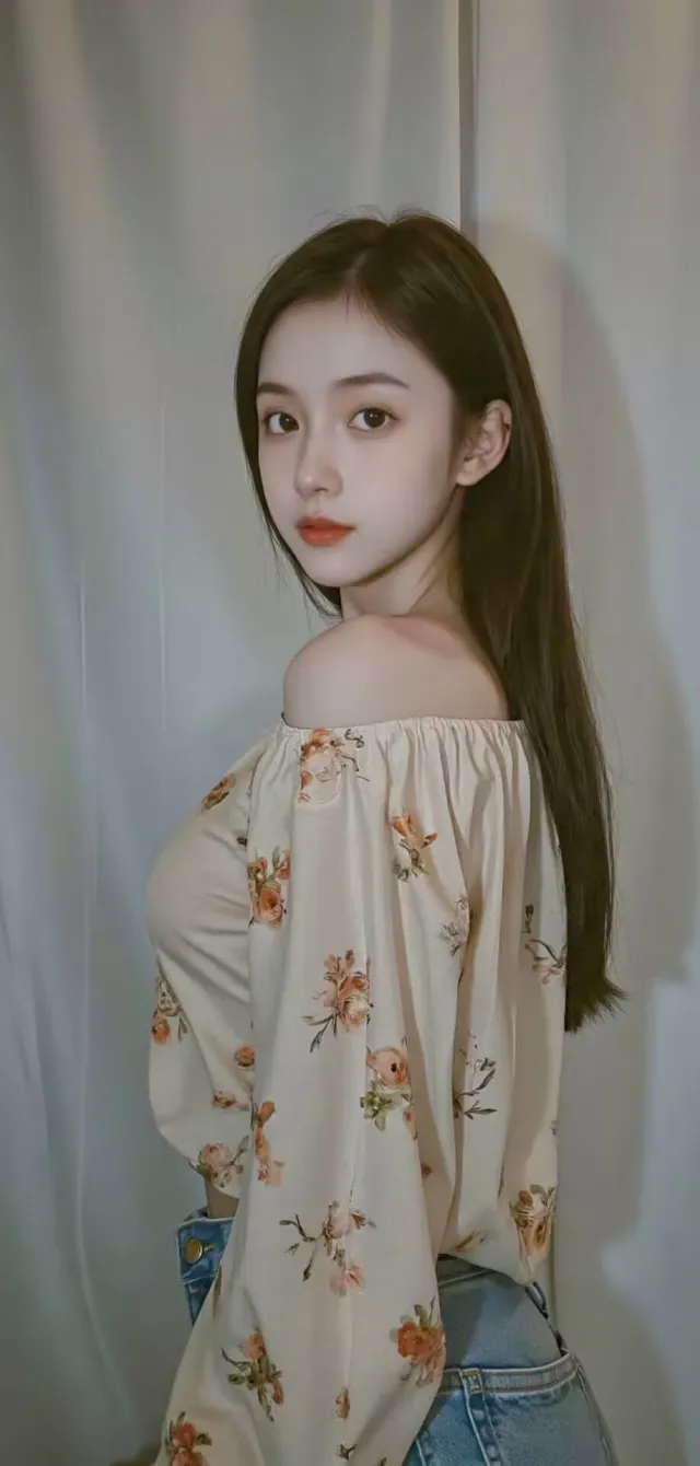 米色碎花露肩上衣配牛仔裤美女回眸摄影手机壁纸
