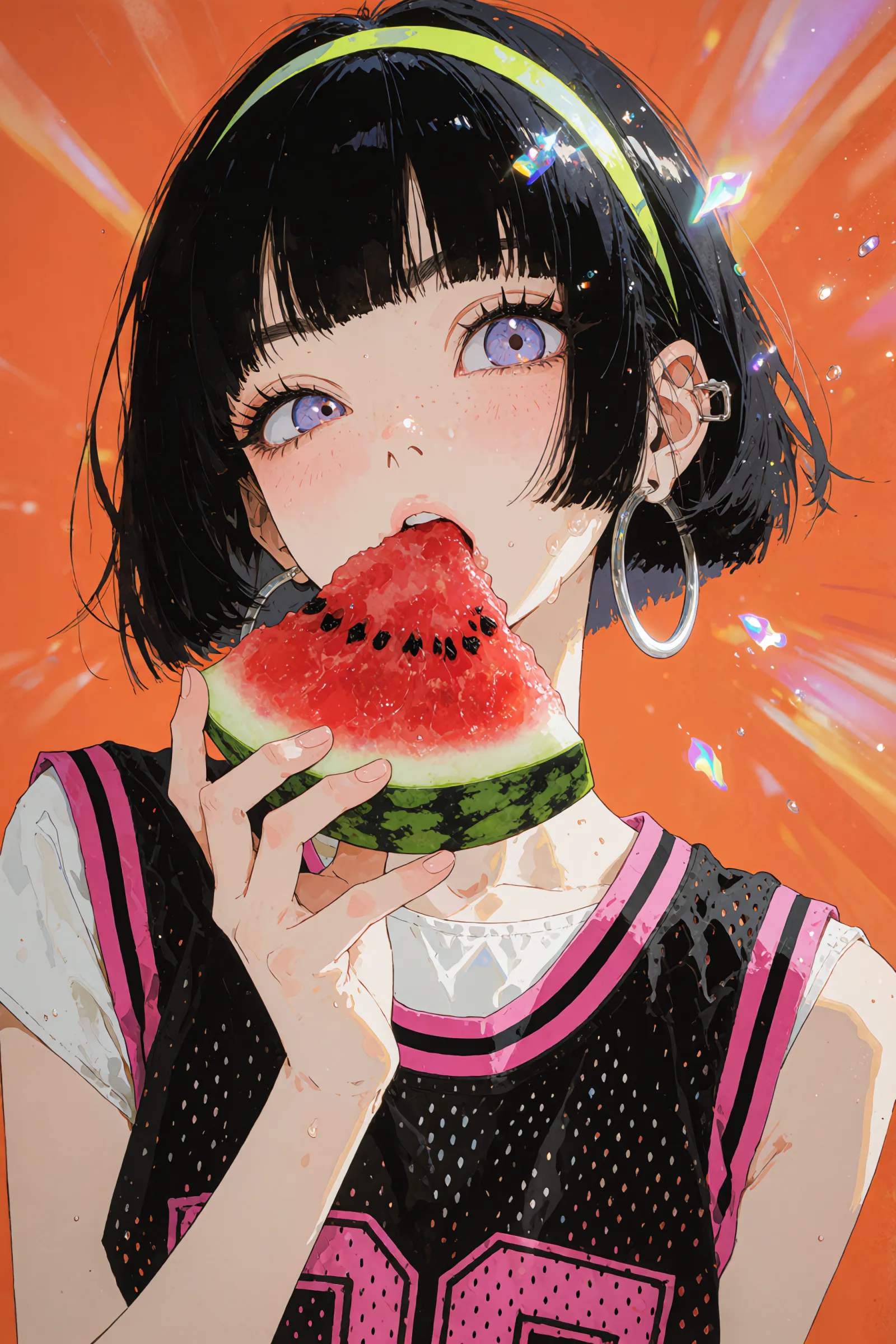 吃西瓜的短发女孩