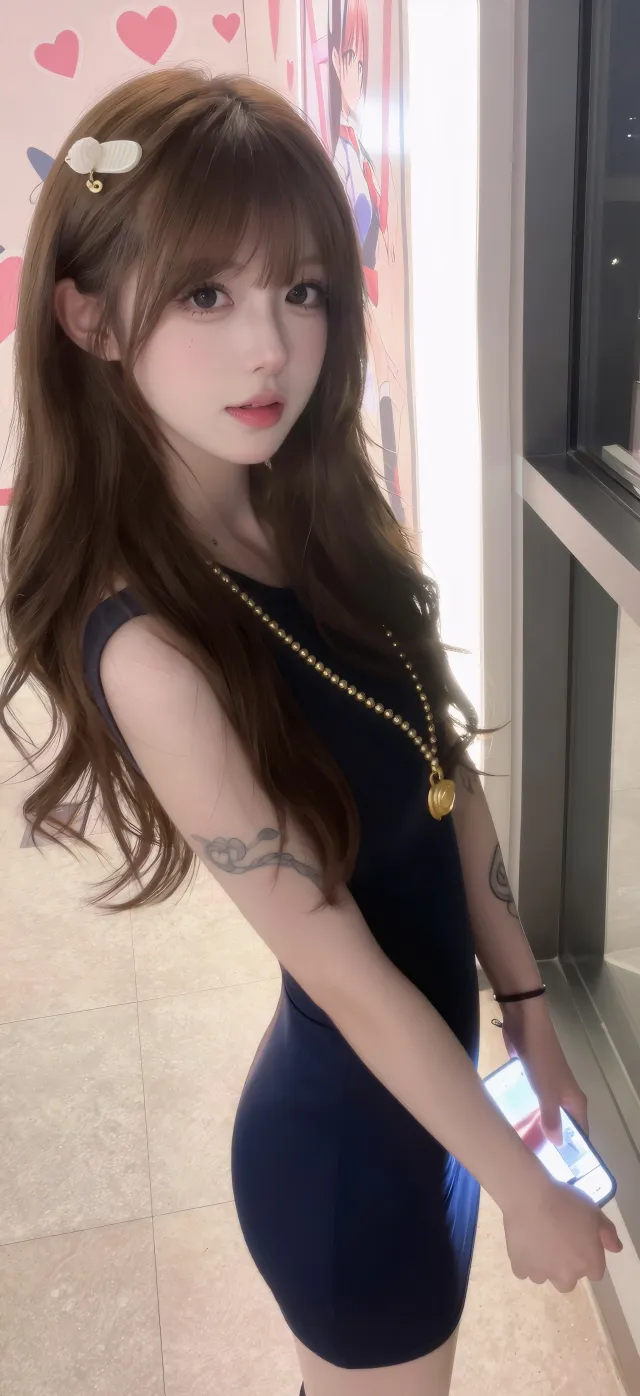 长发少女黑裙金链白蝶发饰粉心背景美女人物摄影手机壁纸
