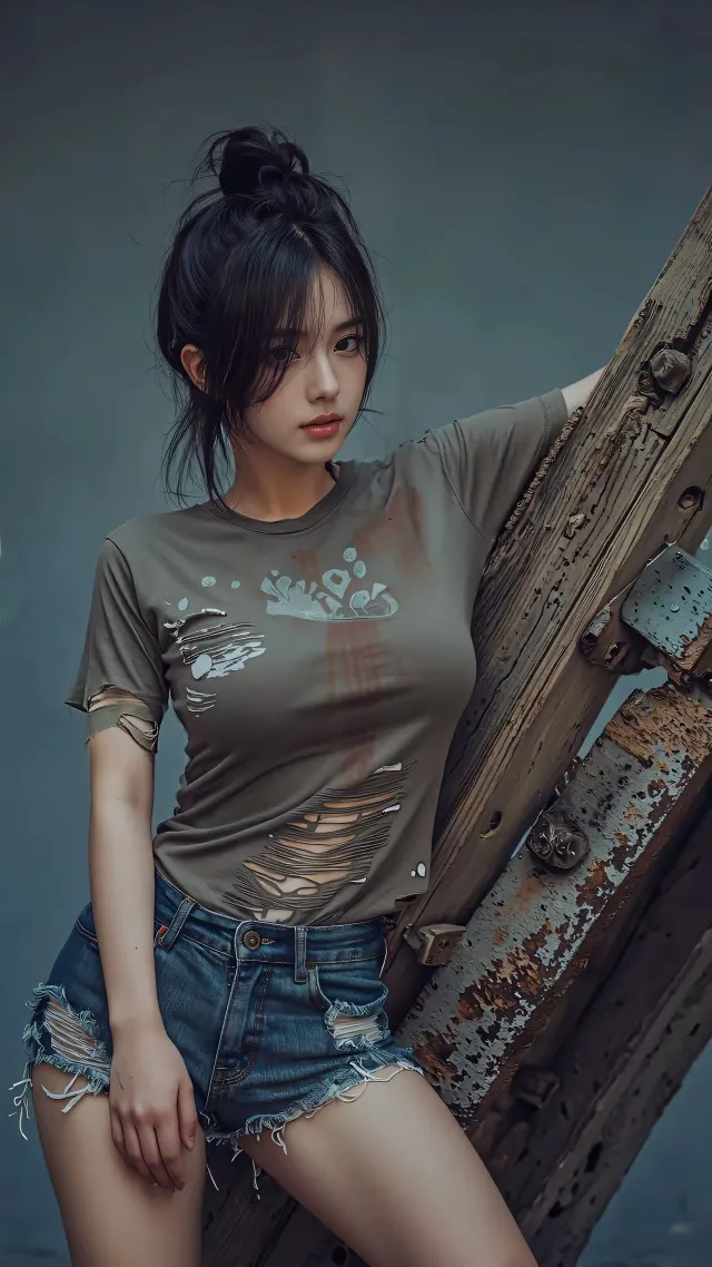 美女扎高丸子头穿破洞T恤倚靠木柱街头风人物摄影手机壁纸