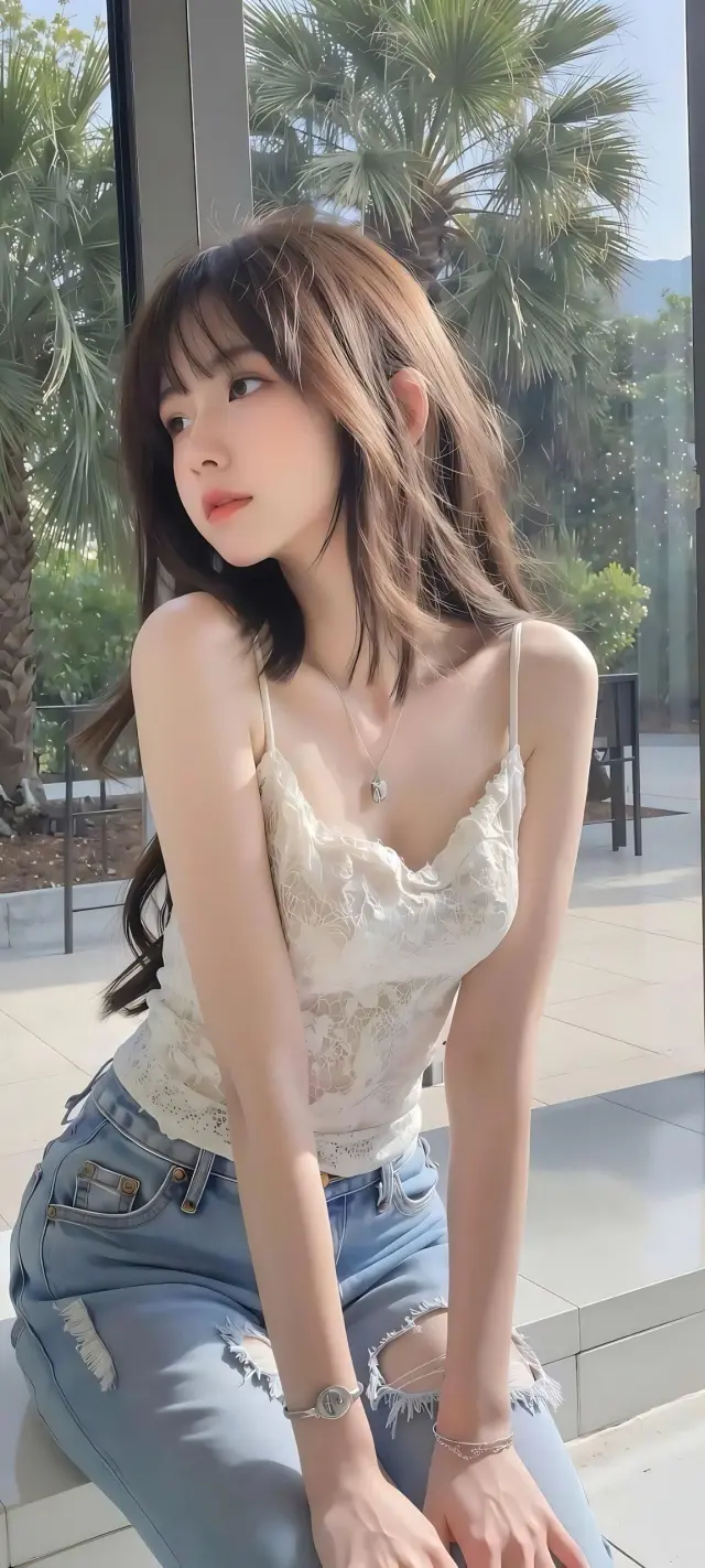 蕾丝吊带女子破洞牛仔裤阳光侧脸人物手机壁纸
