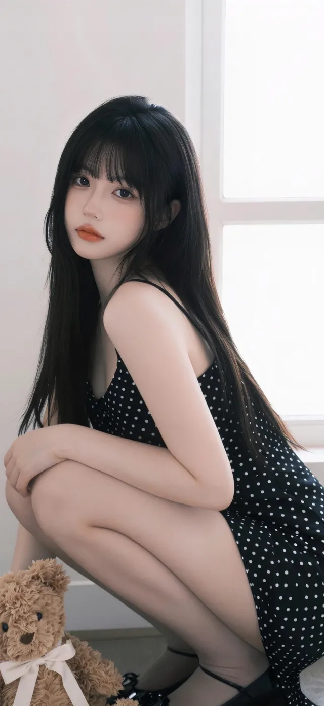 黑波点吊带裙美女抱泰迪熊室内写真美女手机壁纸
