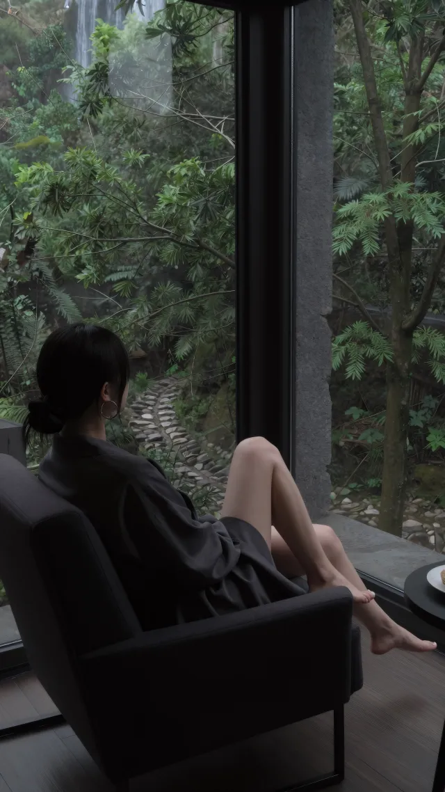 窗边美女背影森林绿意治愈摄影美女手机壁纸