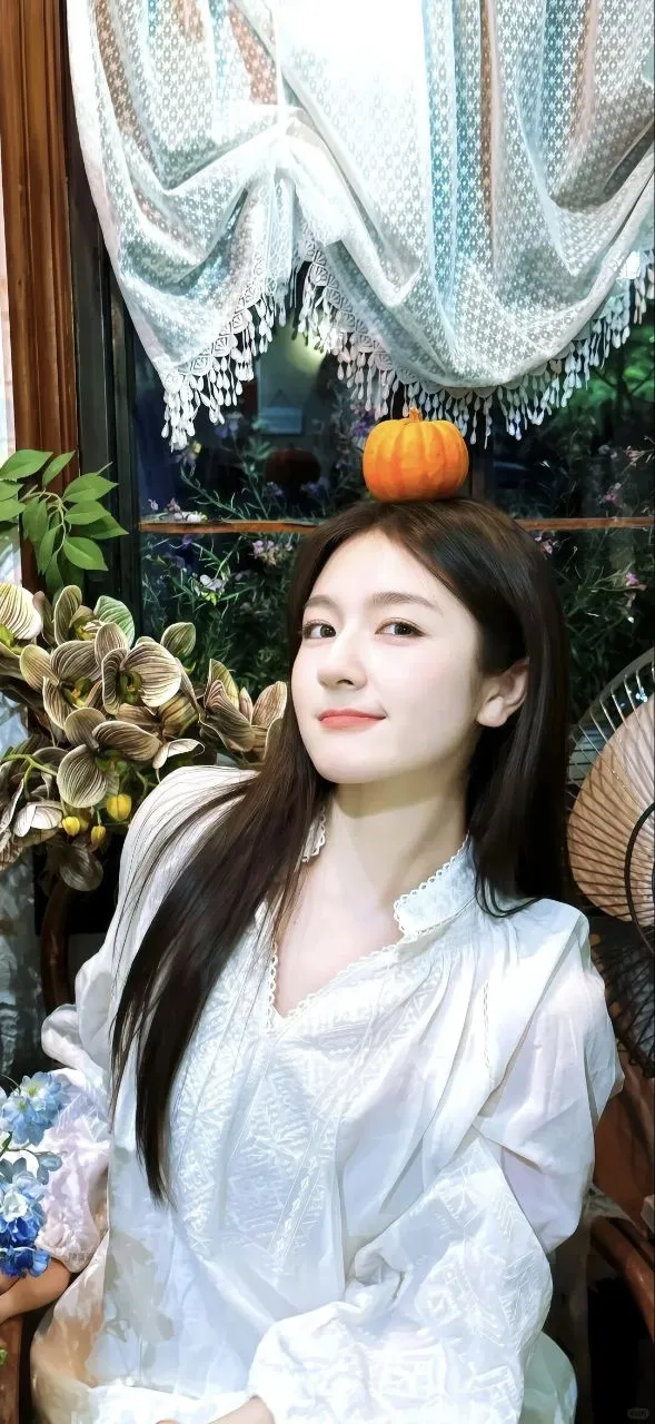 清新少女头顶南瓜窗边花艺装饰手机壁纸