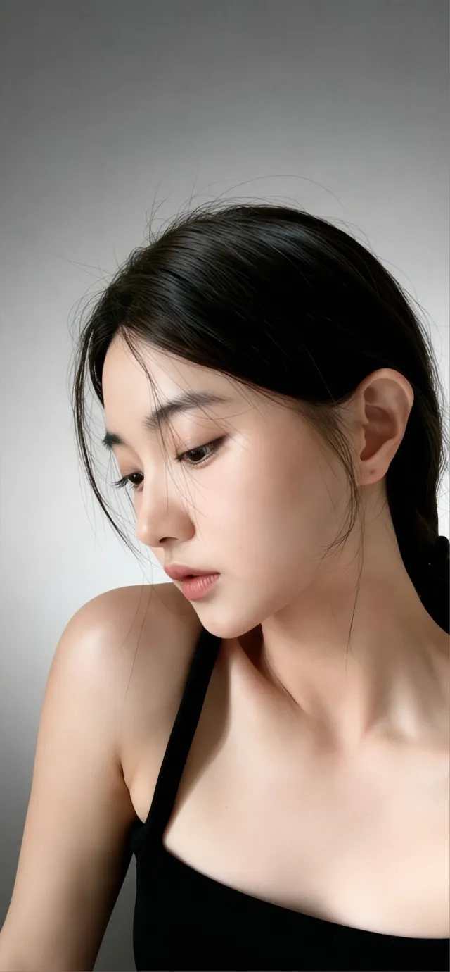 黑色吊带长发侧颜氛围美女手机壁纸