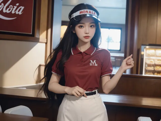餐厅红衫少女电脑壁纸