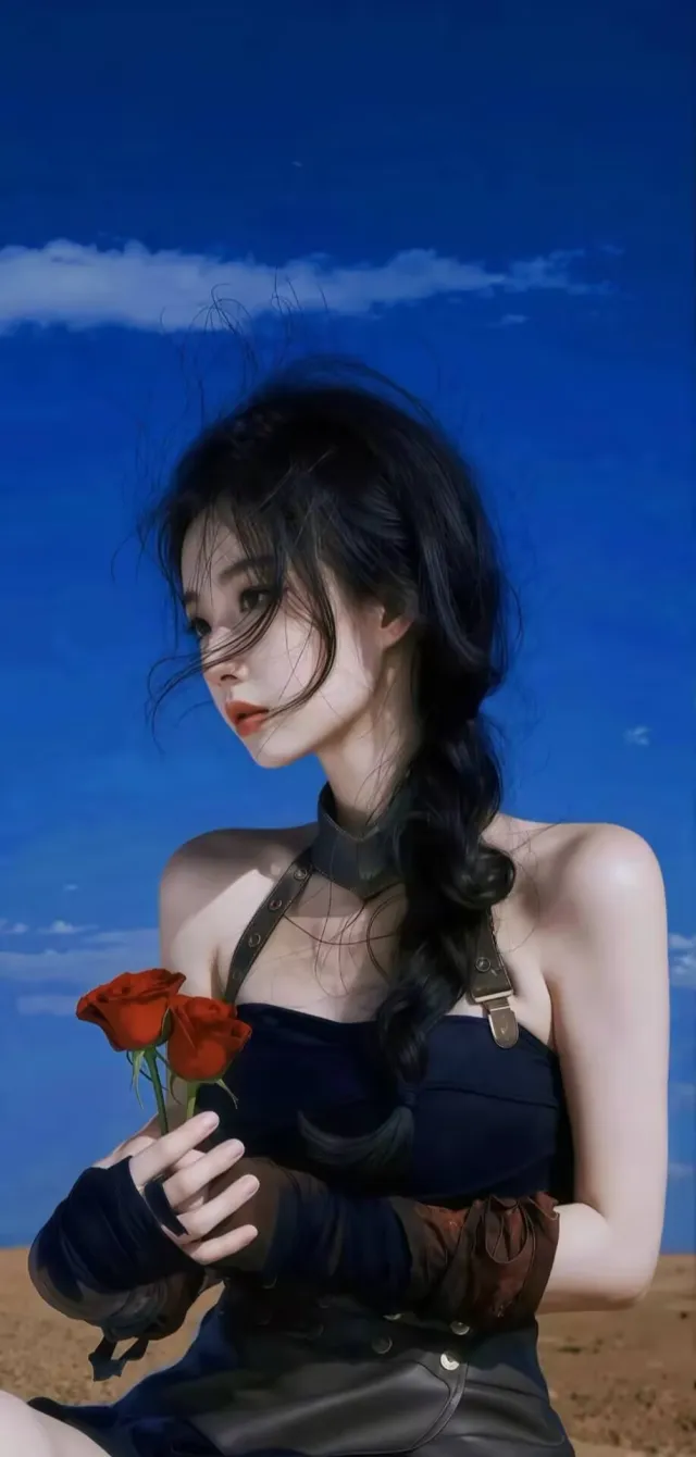 美女穿黑吊带裙持红玫瑰站沙漠人物手机壁纸