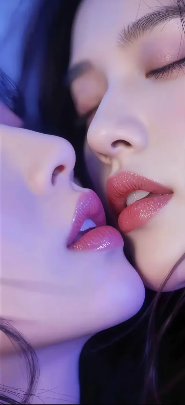 紫调光影下双美女亲密接吻特写美女手机壁纸