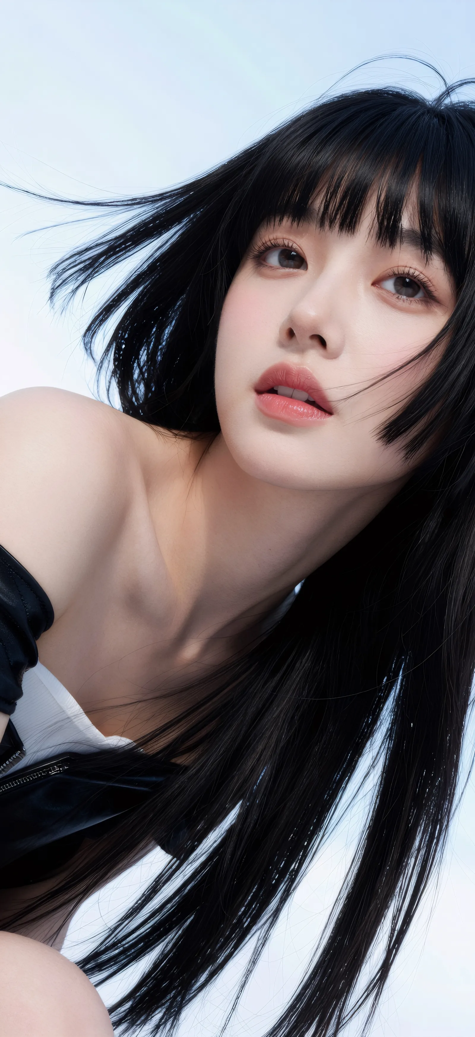黑发齐刘海少女侧颜凝视浅粉人物摄影手机壁纸