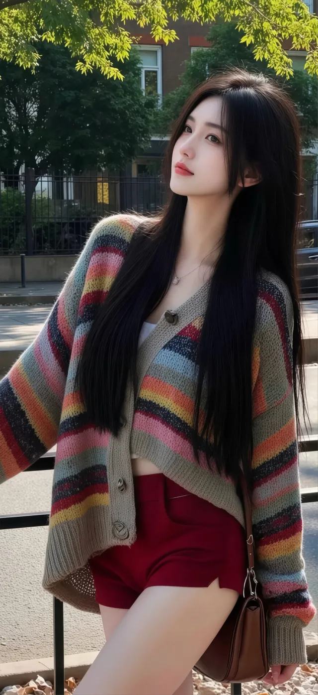 彩色针织开衫女性街拍时尚人物手机壁纸