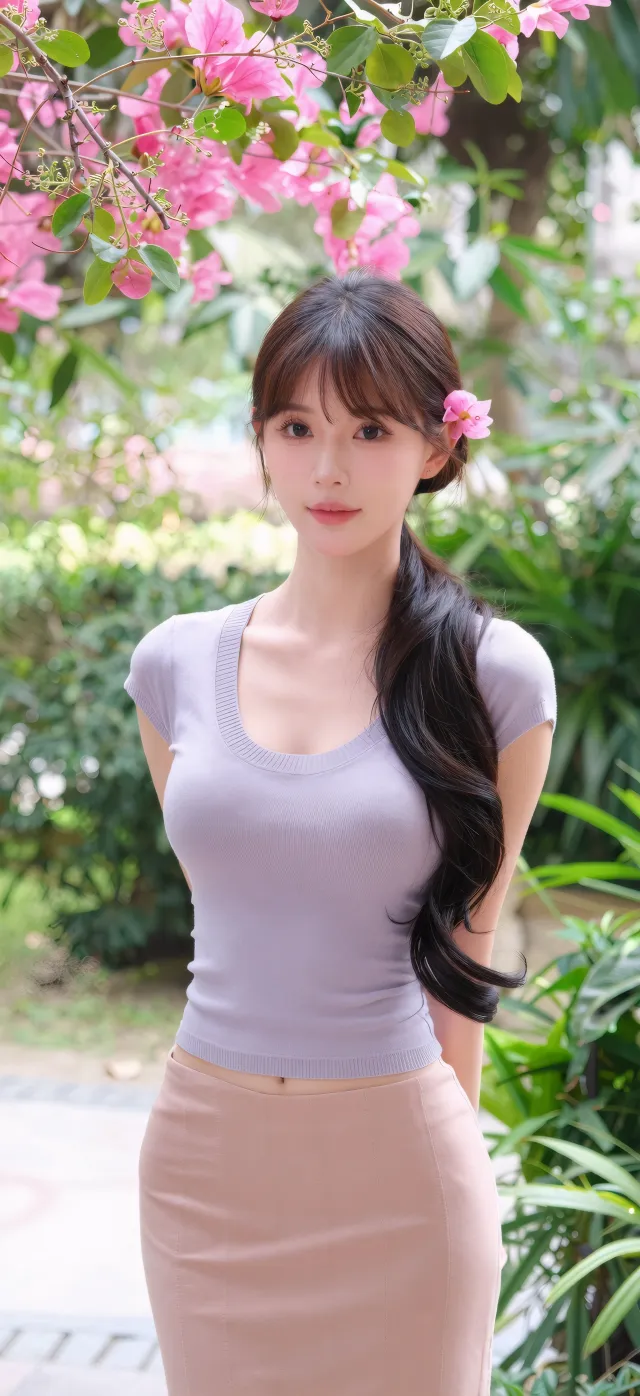 棕发美女花园花卉背景温柔微笑人物手机壁纸