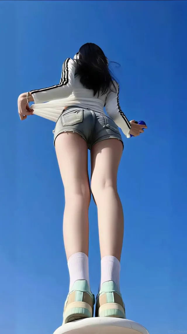 白色条纹长袖配牛仔短裤美女蓝天背影摄影手机壁纸