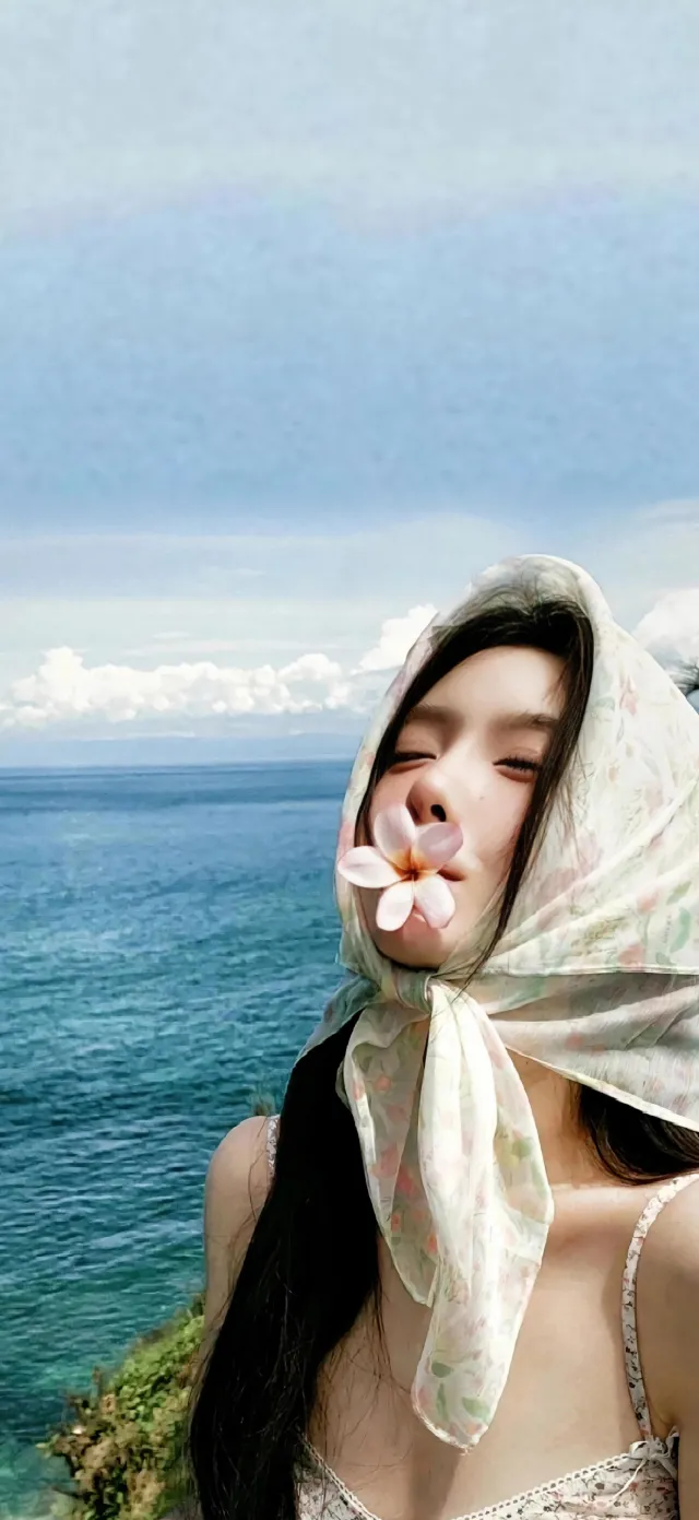 海边美女头巾遮面浪漫写真电脑壁纸