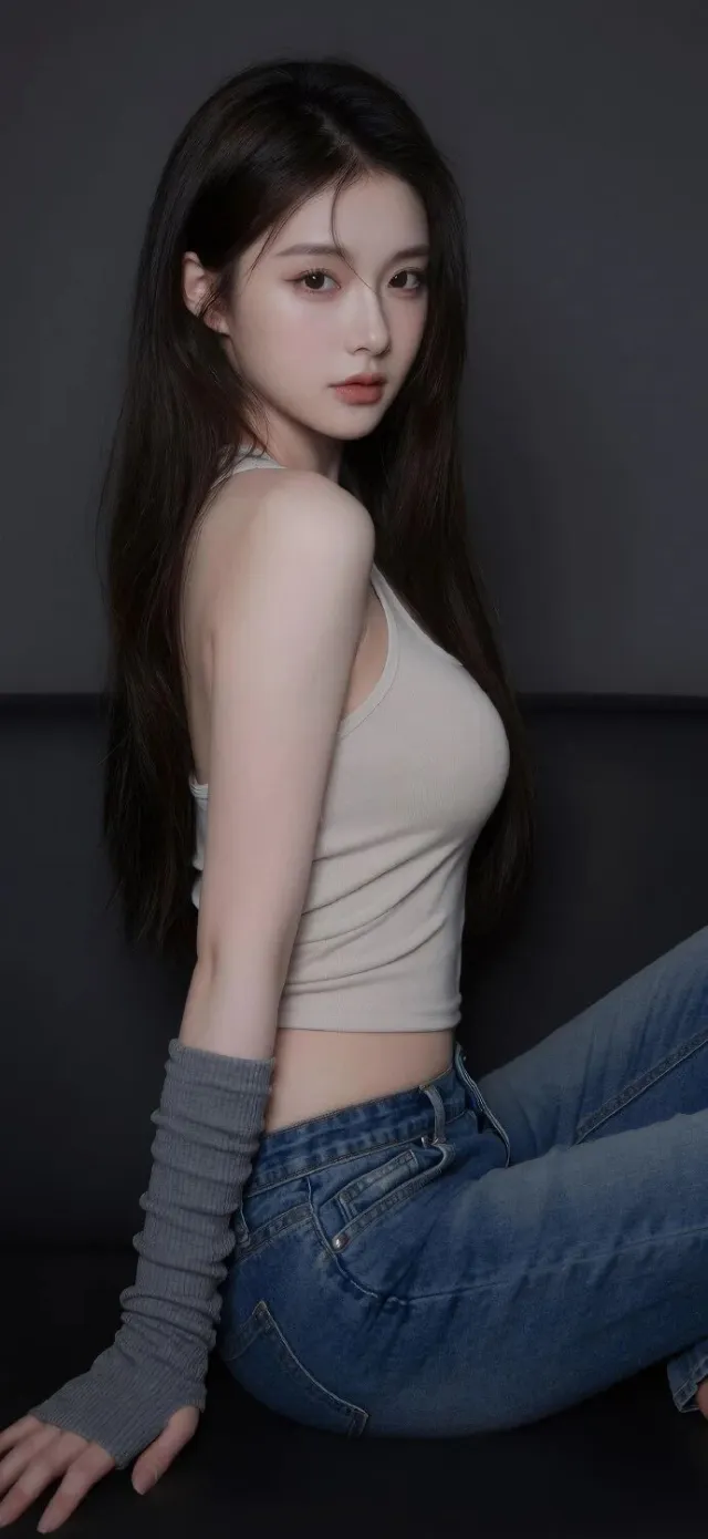 米色背心牛仔裤美女侧身坐姿写真美女手机壁纸