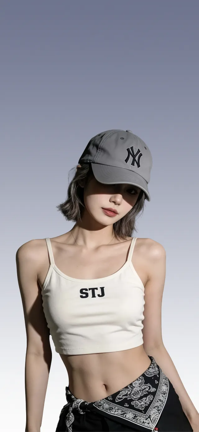 灰色帽子白色吊带简约背景靓丽短发美女手机壁纸