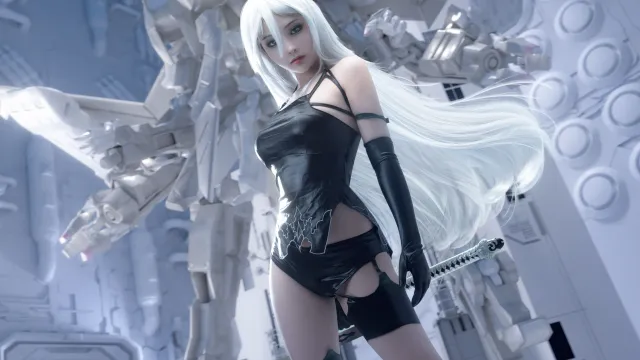 满头白发，一身黑衣的cosplay美女高清壁纸图片