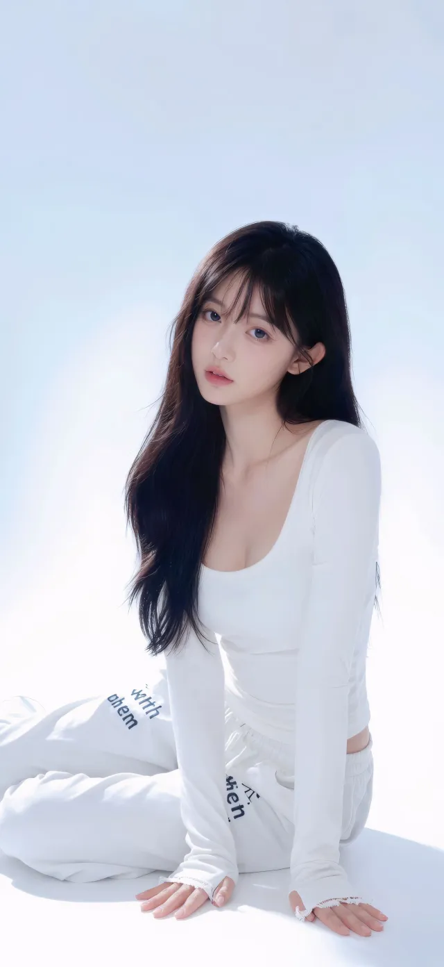 长发少女白衣坐姿清冷白调人物摄影手机壁纸