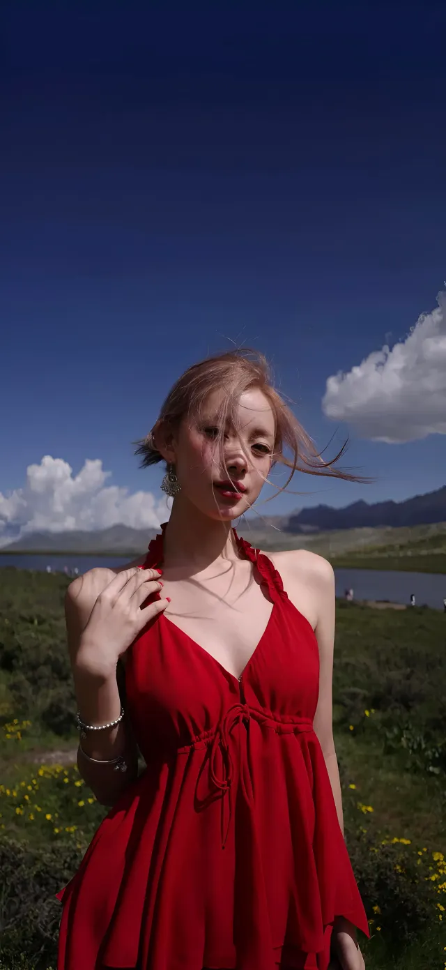 粉发红裙山湖蓝天旅拍美女手机壁纸