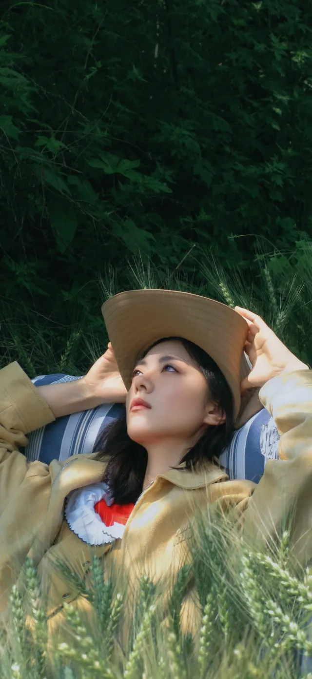 赵今麦麦田休闲躺卧摄影手机壁纸