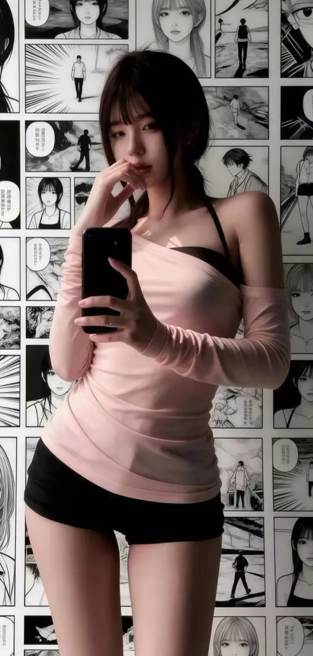 粉色长袖上衣配黑短裤美女漫画墙前自拍摄影手机壁纸