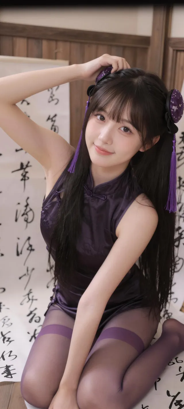 紫衣少女旗袍双马尾紫韵古风人物摄影手机壁
