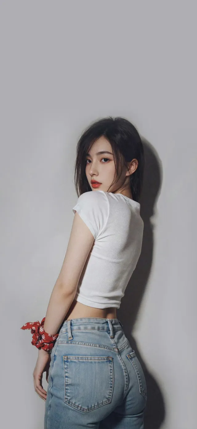 白T恤牛仔裤美女回眸人物电脑壁纸