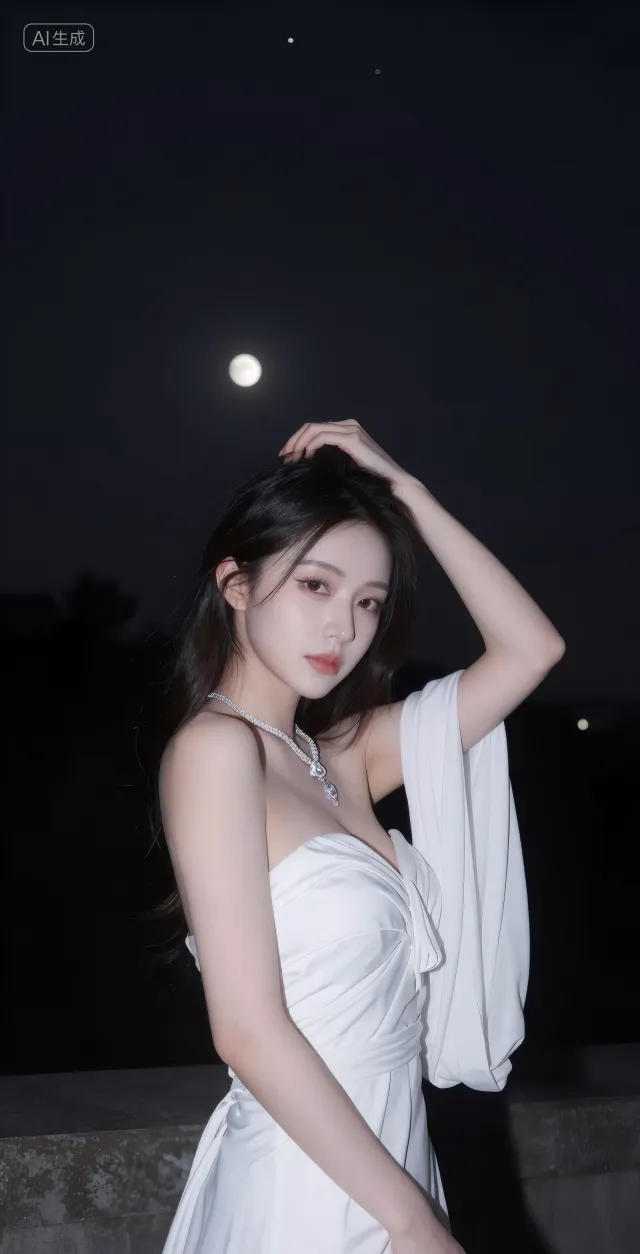 白裙月夜回眸仙气唯美氛围美女手机壁纸