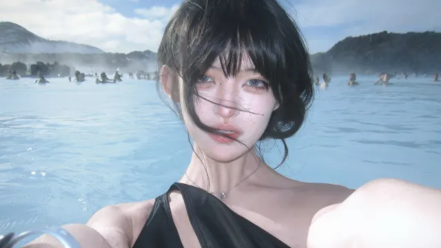 蓝湖温泉黑发女性自拍自然光写真人物电脑壁纸