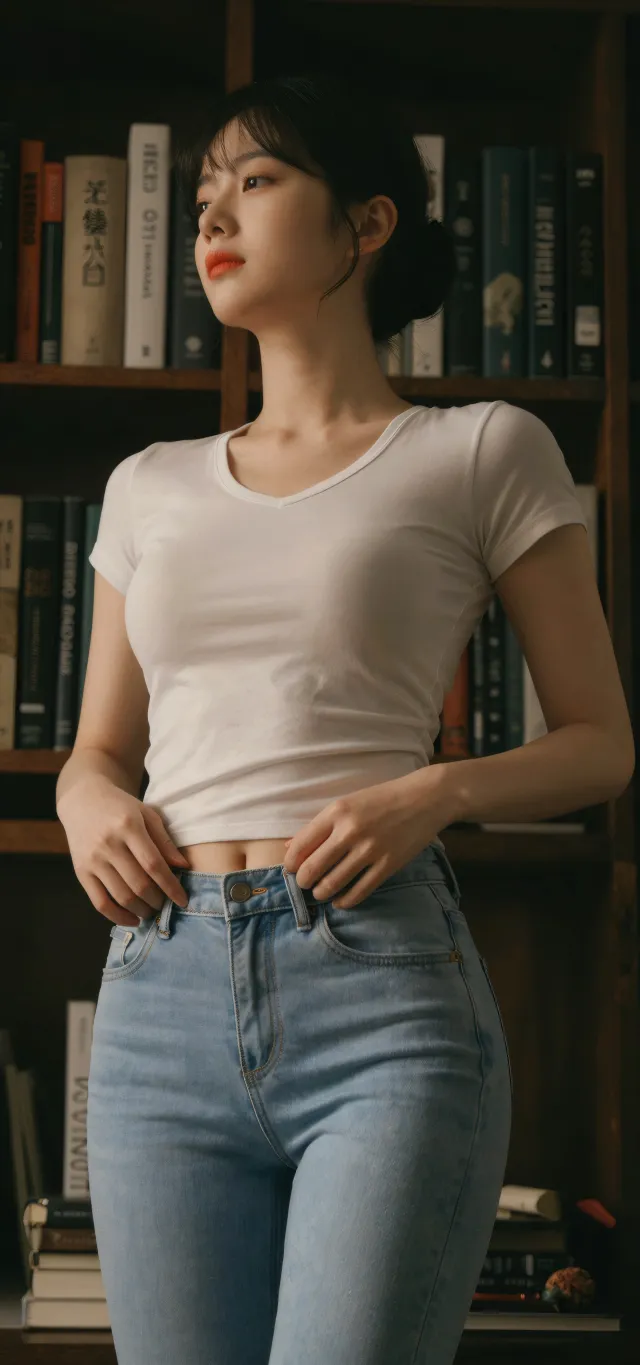 白T牛仔裤美女书架前侧身文艺清新人物摄影手机壁纸