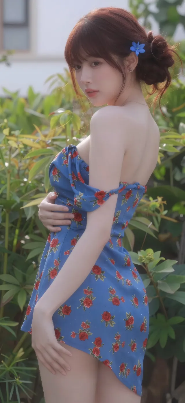 蓝碎花裙红发盘发回眸美女手机壁纸